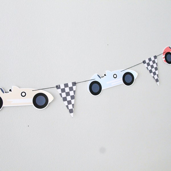 Retro Race Car and Checkered Flag Bunting. Race Car Themed Birthday Party. Boy's Fast One Birthday. Two Fast Birthday. Race Car Party Decor