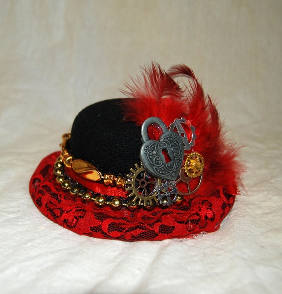 Red Mini Victorian Top Hat with Hair Clips Steampunk Burlesque