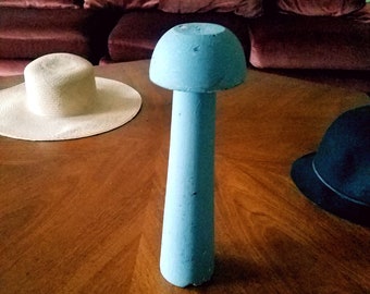 Vintage Hat Stand Wig Display French Millinery Accessories Mushroom Shaped Mid Century Shabby Chic Painted Wood Duck Egg Blue