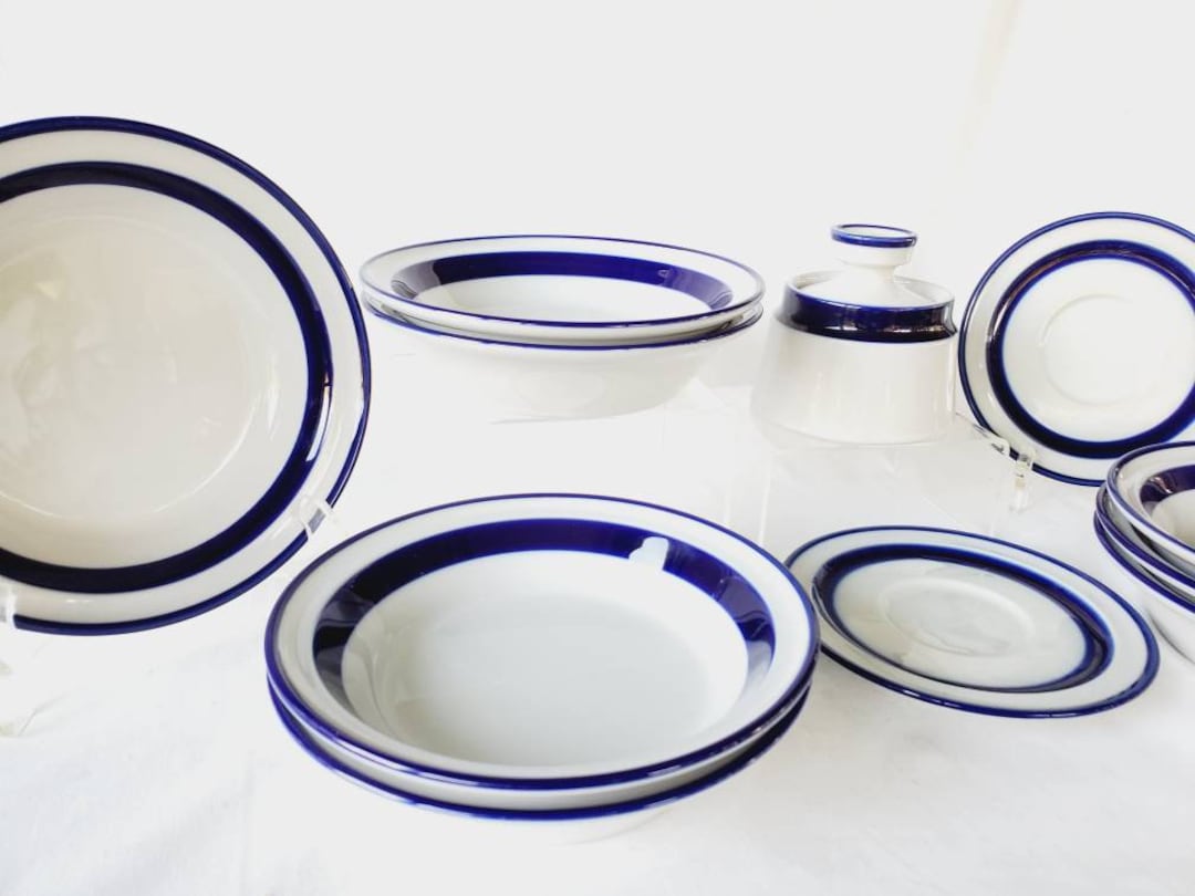 1970s Noritake Stoneware Fjord Blue Rim Primastone Soup Bowls Sugar