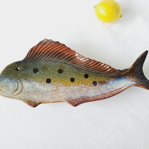 May include: A ceramic fish-shaped serving dish with a brown, green and blue glaze. The dish has black dots and a realistic fish design.