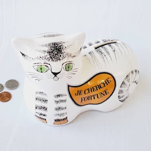 Vintage Estello Cat Bank Made in France Je Cherche Fortune French Porcelain Piggy Bank Cat Collectible Gifts for Cat Lovers Francophile Gift