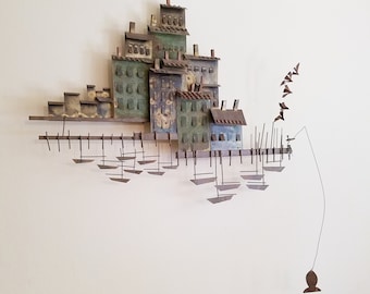 Curtis Jere Metal Wall Art Harbor Village Marina Sailboats Birds