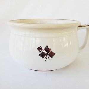 Può includere: Vasetto da notte in ceramica bianca con un disegno a foglia marrone e un manico.