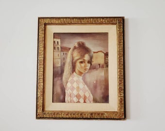 1960s Girl Original Painting by Myrle Medeiros California Painter Framed Ready to Hang Signed Vintage Art Big Eye Waifs Mid Century Art
