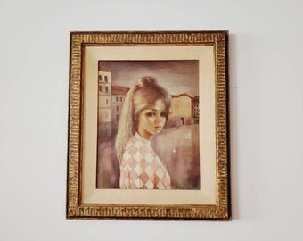 Myrle Medeiros Painting: 1960s Big Eye Girl Portrait, Framed