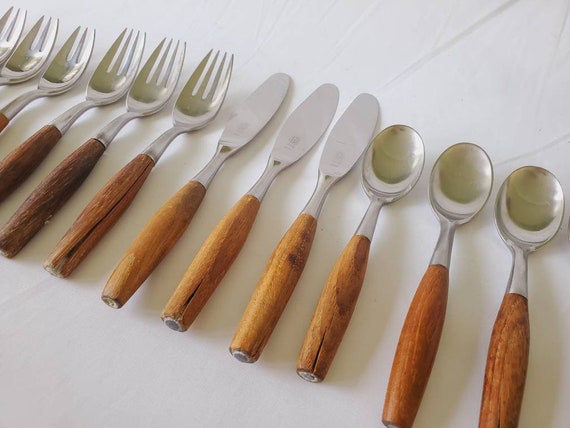 Dansk Fjord Flatware Set, Teak Handles, Mid-century Modern Cutlery