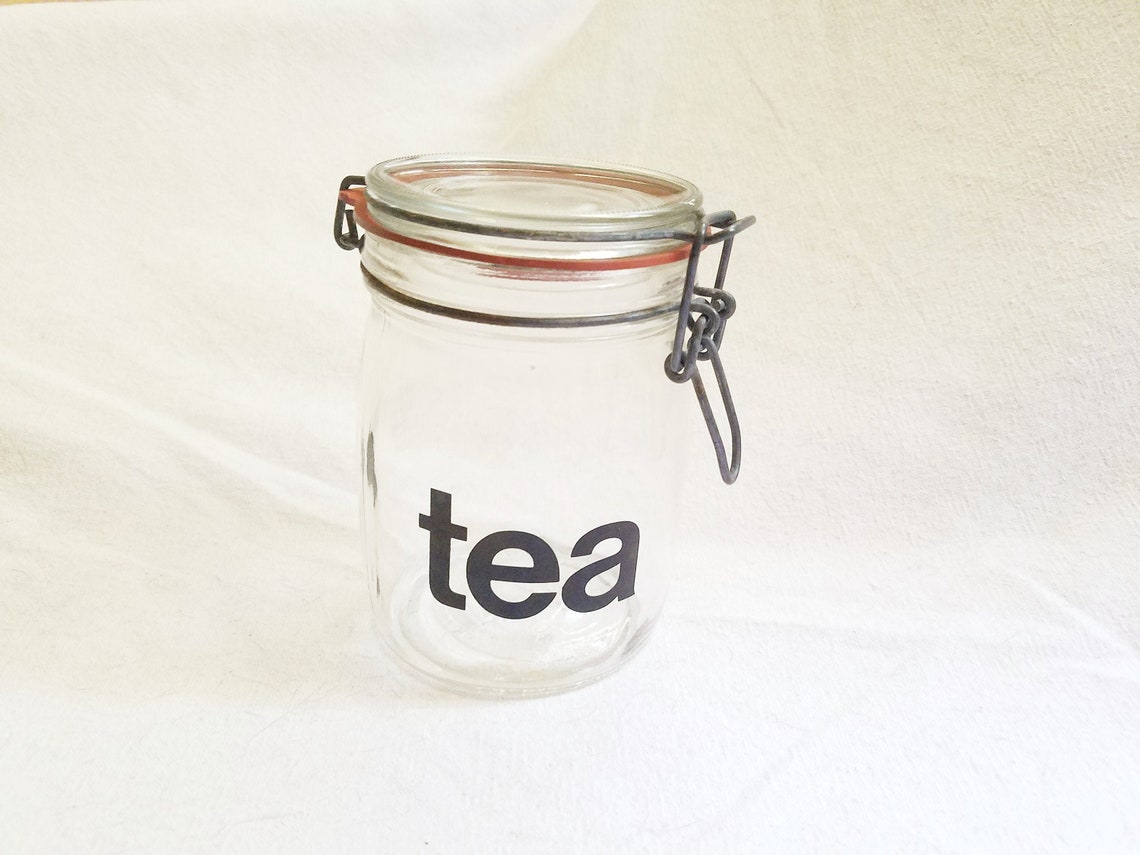 Glass Tea Storage Container Canister Vintage 1970s Typography Etsy