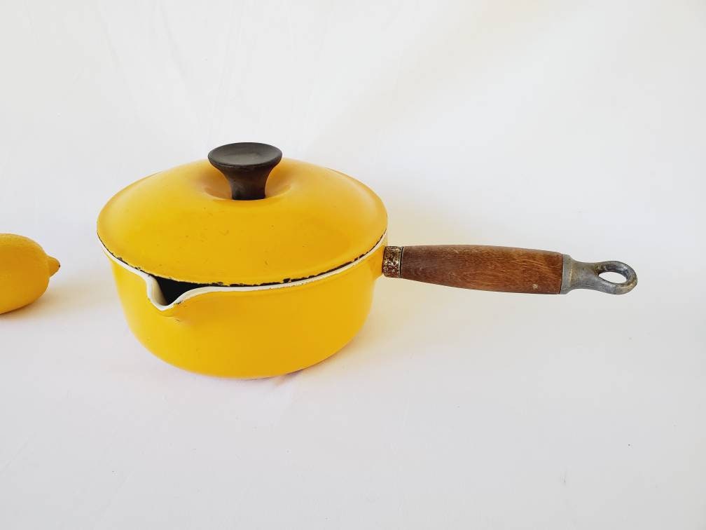 Vintage Mid Century Modern Yellow Enamelware Le Creuset Saute Pans