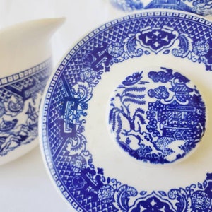 Willow Blue Creamer & Sugar Bowl by Royal USA Blue and White Chinoiserie Fine China Transferware Mid Century Tableware