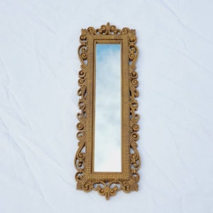 May include: A rectangular, ornate gold-colored mirror with a detailed, scrolling frame. The mirror's reflective surface is long and narrow, reflecting a sky-blue hue. The frame features intricate floral and scrollwork designs.