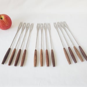 Ekco Eterna Wood Fondue Forks Set of 4 Stainless Steel Made in Japan Mid Century Kitchen Utensils Serving Forks Long Handled Forks