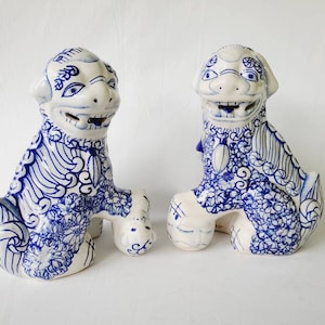 Blue Foo Dog Pair of Statues Vintage Asian Dog Figurine Dog Animal Decor Unique Good Luck Protection Symbol Fu Dog Chinese Feng Shui 1 ft