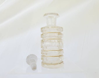 Cut Glass Perfume Bottle Glass Stopper Vintage Mid Century Vanity Bottle Gold Accent
