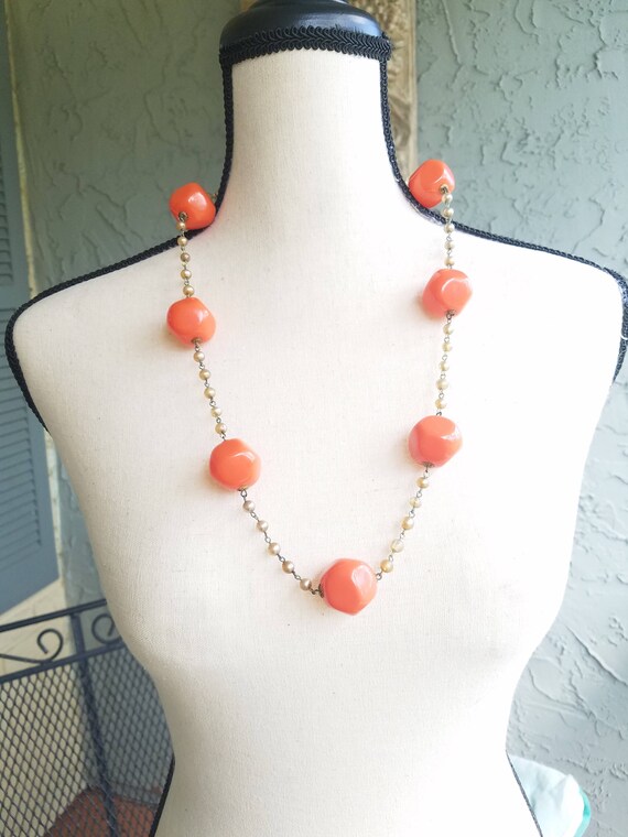 1940s Coral Acrylic Glass Necklace Set Beaded Clip Earrings 