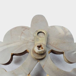 Puede incluir: Primer plano de un herraje decorativo para muebles. La pieza es de color dorado claro y apagado con un dise&ntilde;o floral. Un soporte y un tornillo de metal color lat&oacute;n est&aacute;n fijados en la parte posterior para el montaje. Para un caj&oacute;n o armario.
