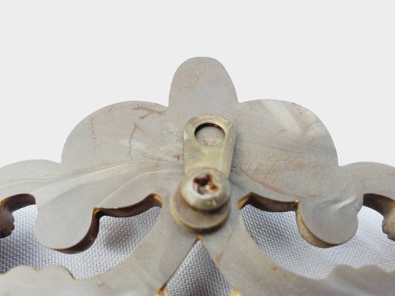 Puede incluir: Primer plano de un herraje decorativo para muebles. La pieza es de color dorado claro y apagado con un dise&ntilde;o floral. Un soporte y un tornillo de metal color lat&oacute;n est&aacute;n fijados en la parte posterior para el montaje. Para un caj&oacute;n o armario.