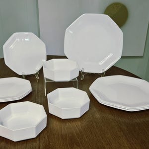 Octime White by Arcoroc French Dinner Set for 4 White Milk Glass Dinner Salad Plates and Bowls Made in France Vintage 1980s Dinnerware