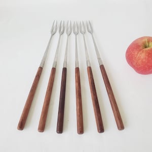 Teak Wood Handled Fondue Forks Set of 6 Stainless Steel Made in Japan Mid Century Kitchen Utensils Forks Unique Long Handled Forks