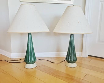 Mid Century Tall Green Table Lamps Pair Mid Century Lighting Accent Vintage Unique Lighting Green Ceramic Lamps 1950s Table Lamps