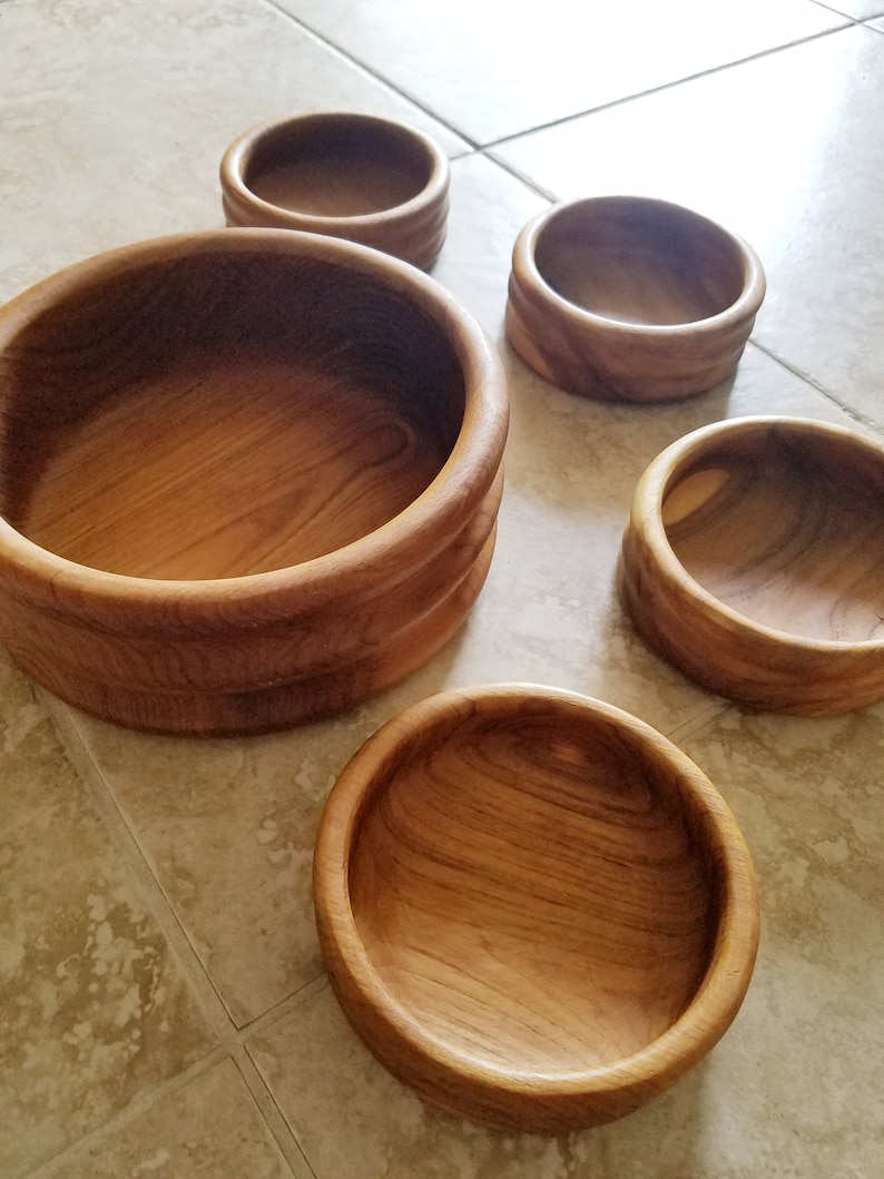 Teak Wood Salad Bowl Set Kalmar Made in Thailand Wave Design Etsy