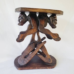 Primitive Carved Wood End Table Tiki Tribal Polynesian Figures Table Hawaiian Carved Wood Beach Ocean Surf Decor Rare Vintage Accent Table