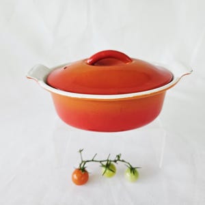 Pode incluir: Uma pequena caçarola de cerâmica laranja-avermelhada com tampa a condizer e borda branca. O prato tem duas pegas pequenas e uma pega vermelha na tampa. Um raminho de tomates está em primeiro plano.