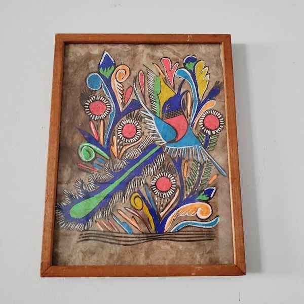 Mexican Folk Art Bird Painting on Amate Bark Paper Vivid Bright Colors Framed Ready to Hang Bird Decor Hummingbird Art