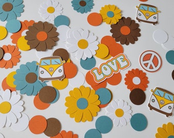 Retro Hippie Groovy Daisy Daisies Peace Love Flower Van Adventure Camper 60's 70's Birthday Baby Shower Table Throw Confetti Confettis