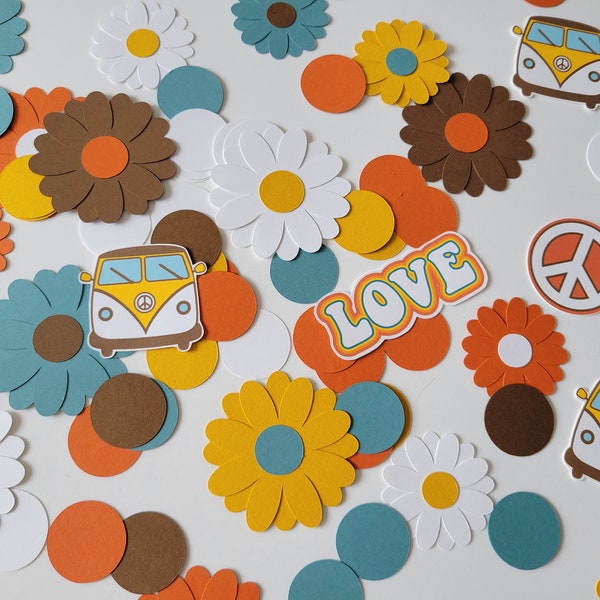 Retro Hippie Groovy Daisy Daisies Peace Love Flower Van Adventure Camper 60's 70's Birthday Baby Shower Table Throw Confetti Confettis