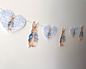 Peter Rabbit Banner, Garland, Beatrix Potter Style, Rabbit, Animal, Baby Shower, Birthday, Party, Boy, Gender Reveal, Blue Gingham Plaid