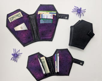 LIMITED STOCK! Purple Spiderweb coffin wallet, Small and large sizes, vegan halloween horror spooky goth gothic creepy ghoul casket spider