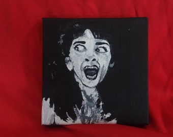 Angela Felissa Rose Sleepaway Camp painting, 80s horror slasher horror art cult classic fan art tiny painting black and white art
