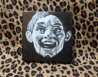 Fats Magic 3"x3" painting, Anthony Hopkins 70s horror art horror fan art ventriloquist doll thriller cult horror dummy black and white art