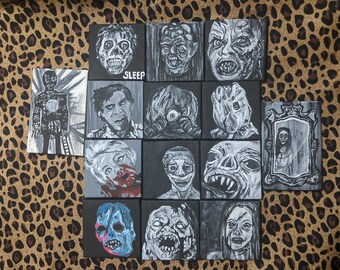 Mini Horror Paintings, They Live Wicker Man Toxic Avenger Night of the Demons Dawn of the Dead Crawling Eye Jason Voorhees Oculus 13 Ghosts