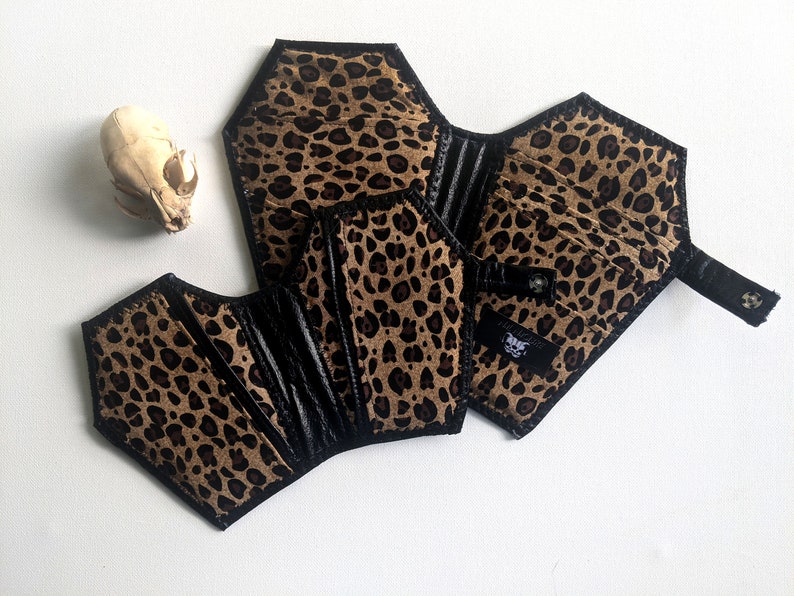 Pleather Coffin Wallet, Vegan Horror Goth Gothic Bifold Spooky Halloween Vampire Accessories PLEASE READ details for dimensions Leopard Print