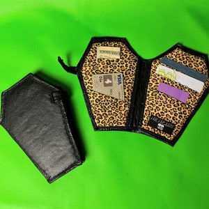 Pleather Coffin Wallet, Vegan Horror Goth Gothic Bifold Spooky Halloween Vampire Accessories PLEASE READ details for dimensions Leopard print 2