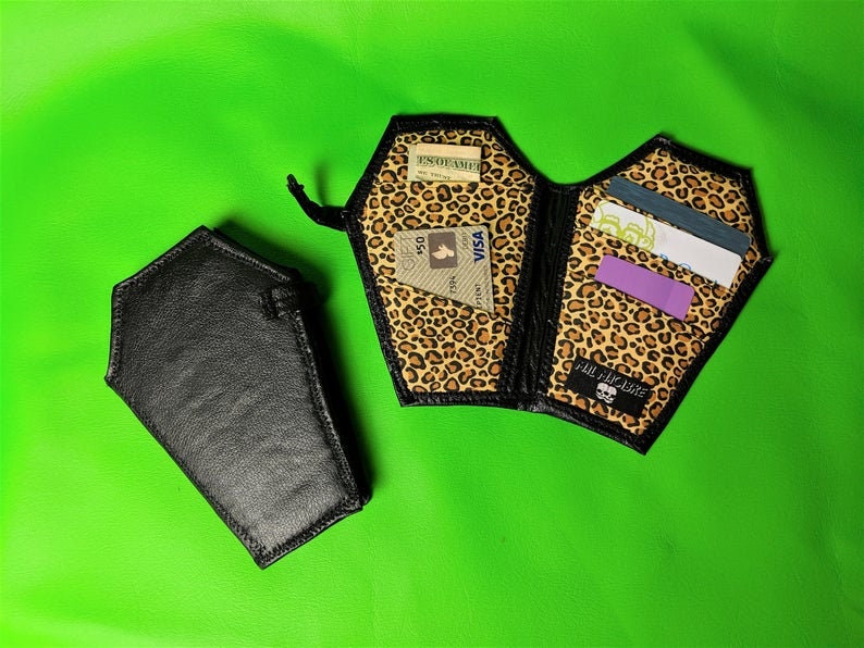 Pleather Coffin Wallet, Vegan Horror Goth Gothic Bifold Spooky Halloween Vampire Accessories PLEASE READ details for dimensions Leopard print 2