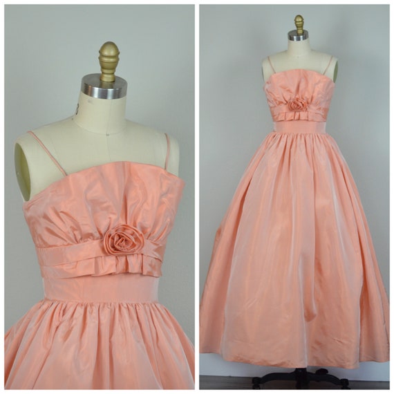 1950s Dress | Gorgeous Peach 50s Gown with Fan Bod