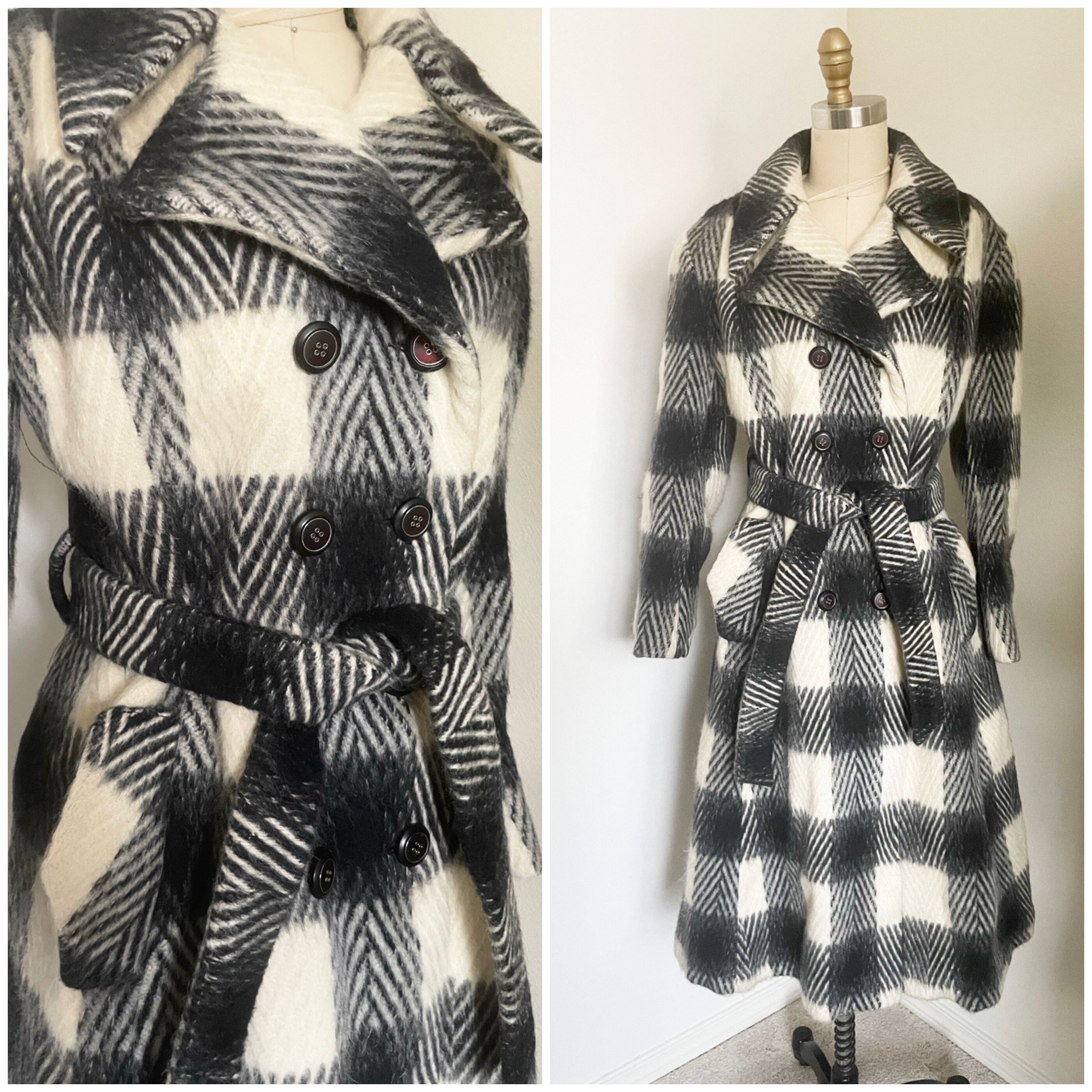 1970s Coat Fab 70s Mohair Plaid Coat in Ivory and Charcoal Etsy
