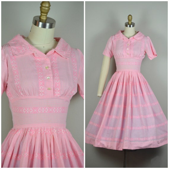 1950s Dress | Sweet 50s Pink Gingham Cotton Dress