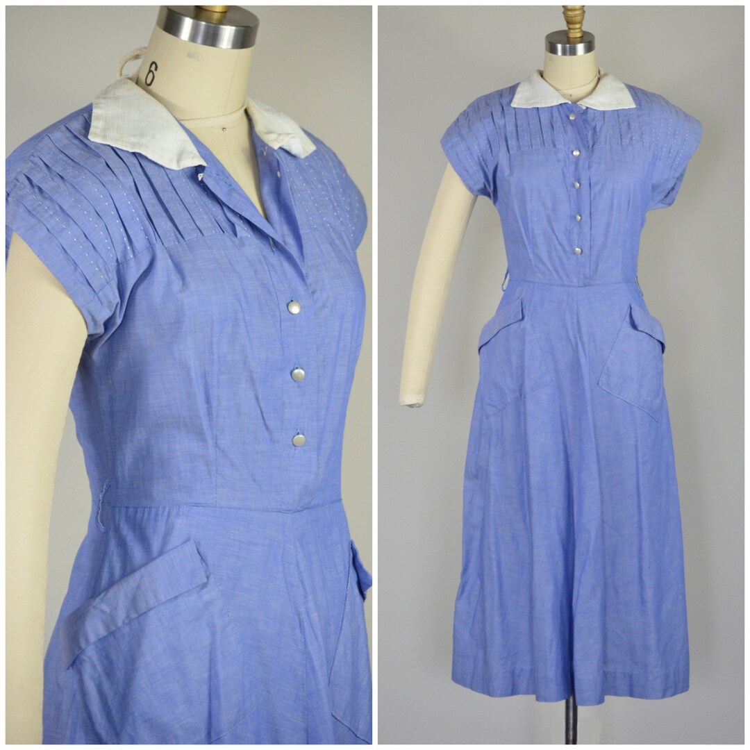 1940s Dress Charming 40s Chambray Day Dress Size Medium - Etsy
