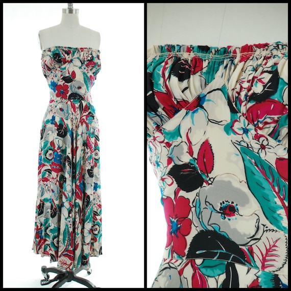 1930s Evening Gown | 30s Strapless Silk Watercolor