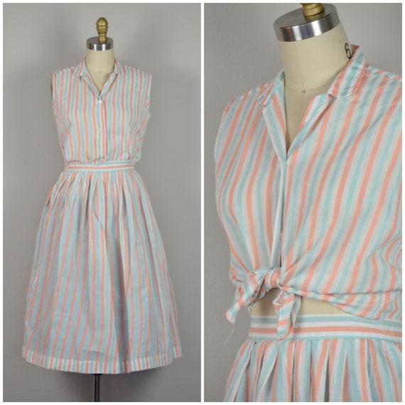 1950s Dress Set | Sweet 50s Peach and Blue Striped