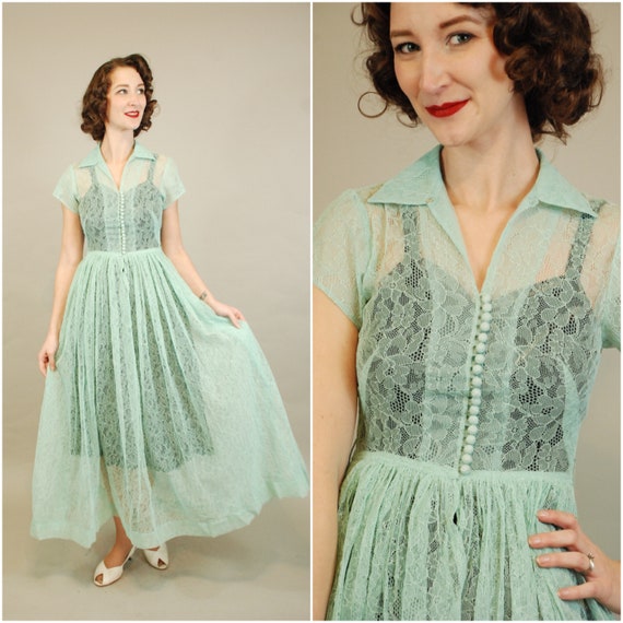 1940s Dress | Lovely 40s Seafoam Green Lace Dress