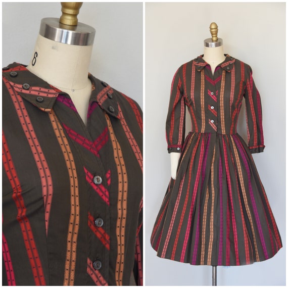 1950s Dress | Lovely 50s Rainbow Chevron Striped D