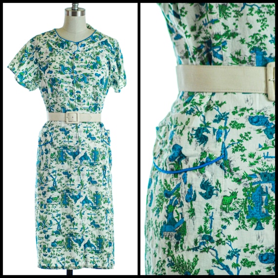 1950s Dress | 1950s Novelty Print Cotton Day Dress