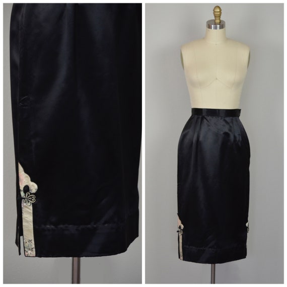 1950s Skirt | Slinky 50s Black Satin Skirt with Pi