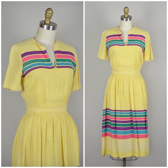 1930s Dress | Sporty Yellow 30s Dress with Rainbow
