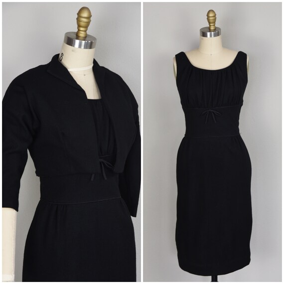 1960s Dress Set | Perfect 60s Black Wool Knit Dres